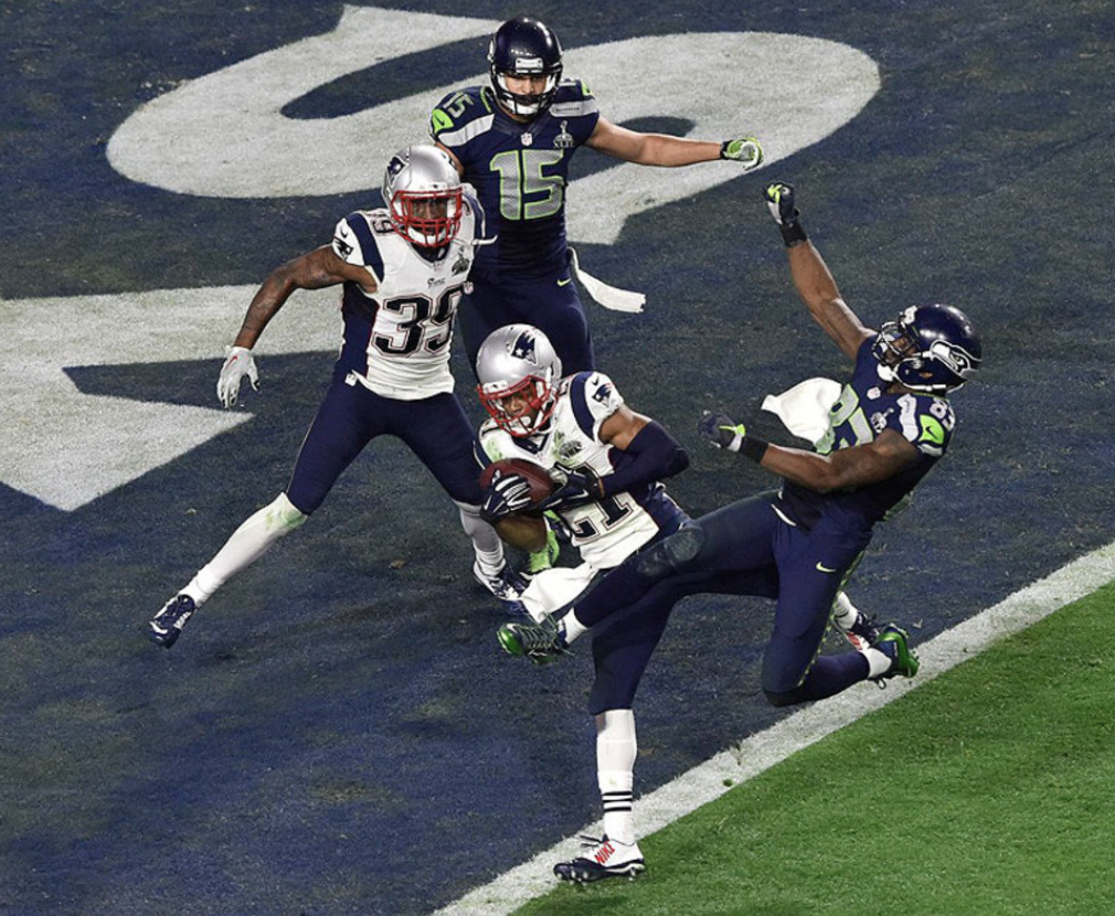 The Seahawks were one yard away from winning Super Bowl 49, with the best short yardage running back in football. The whole world thought Marshawn Lynch was about to get the ball, except for coach Pete Carrol who called a pass play, which was then intercepted by Malcome Butler at the goal line - cementing another Patriots Super Bowl win. 