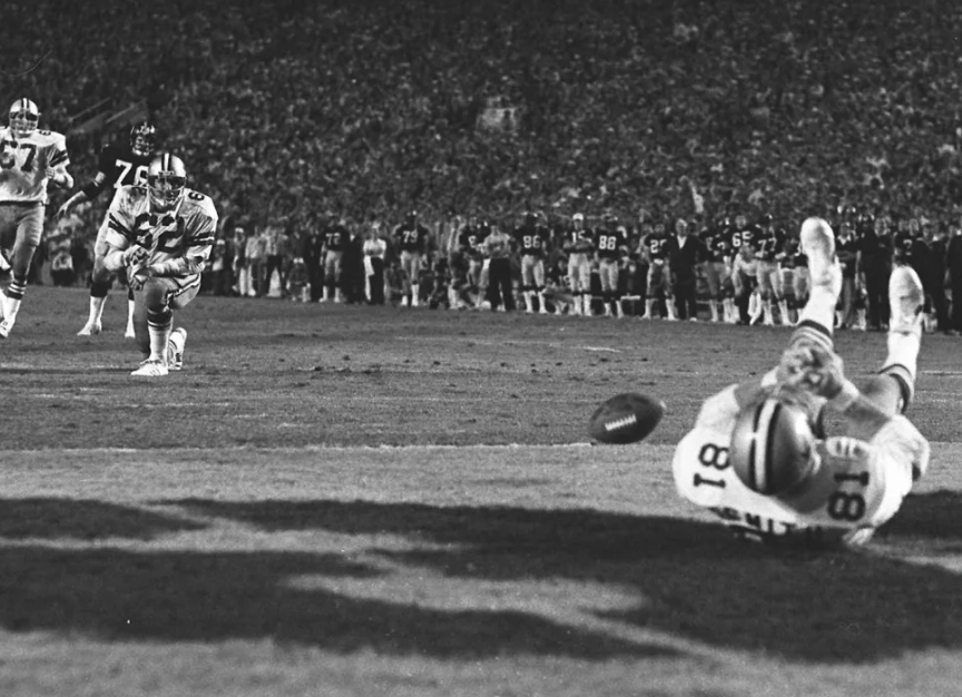 Cowboy’s Tight End Jackie Smith dropped a wide open touchdown in Super Bowl 13. Many attribute this play to the Cowboys’ loss. 