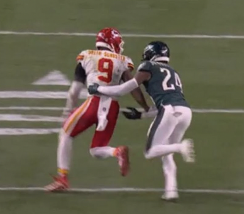 In last year’s big game, Eagle’s corner James Bradburry was called for an inconsequential hold on JuJu Smith-Schuster. The Chiefs would use the call to score a touchdown, and ultimately win the game soon after. 