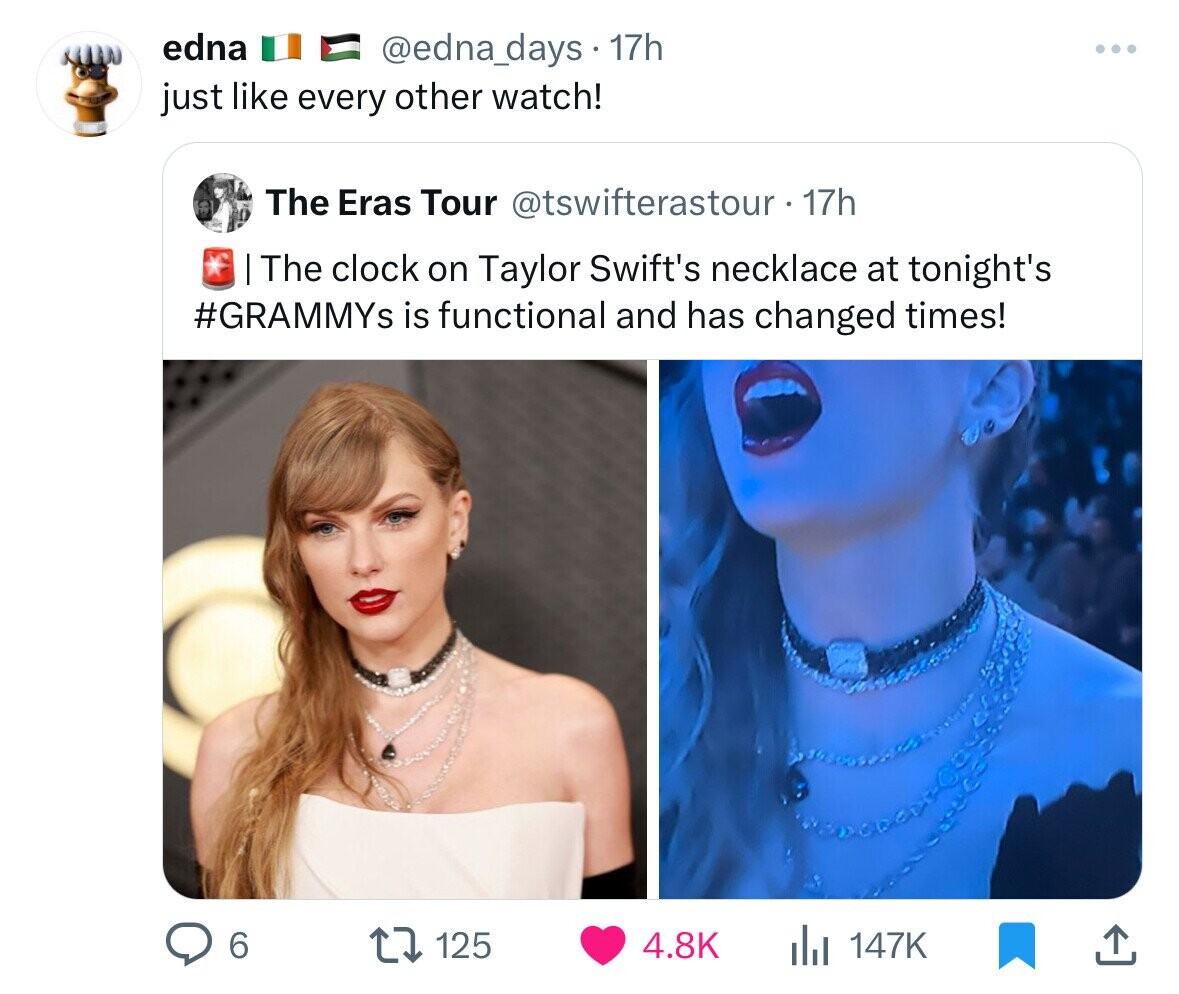 shoulder - edna just every other watch! 17h The Eras Tour . 17h | The clock on Taylor Swift's necklace at tonight's is functional and has changed times! 6 125 il