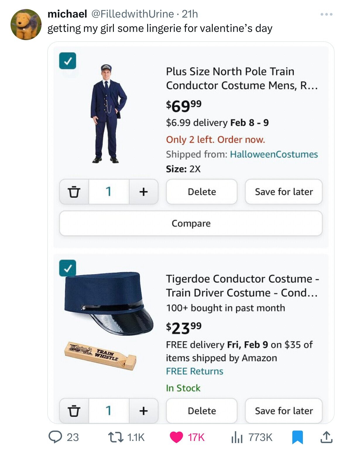 web page - michael 21h getting my girl some lingerie for valentine's day 23 1 1 Train Whistle 1 . Plus Size North Pole Train Conductor Costume Mens, R... $6999 $6.99 delivery Feb 8 9 Only 2 left. Order now. Shipped from Halloween Costumes Size 2X Delete C