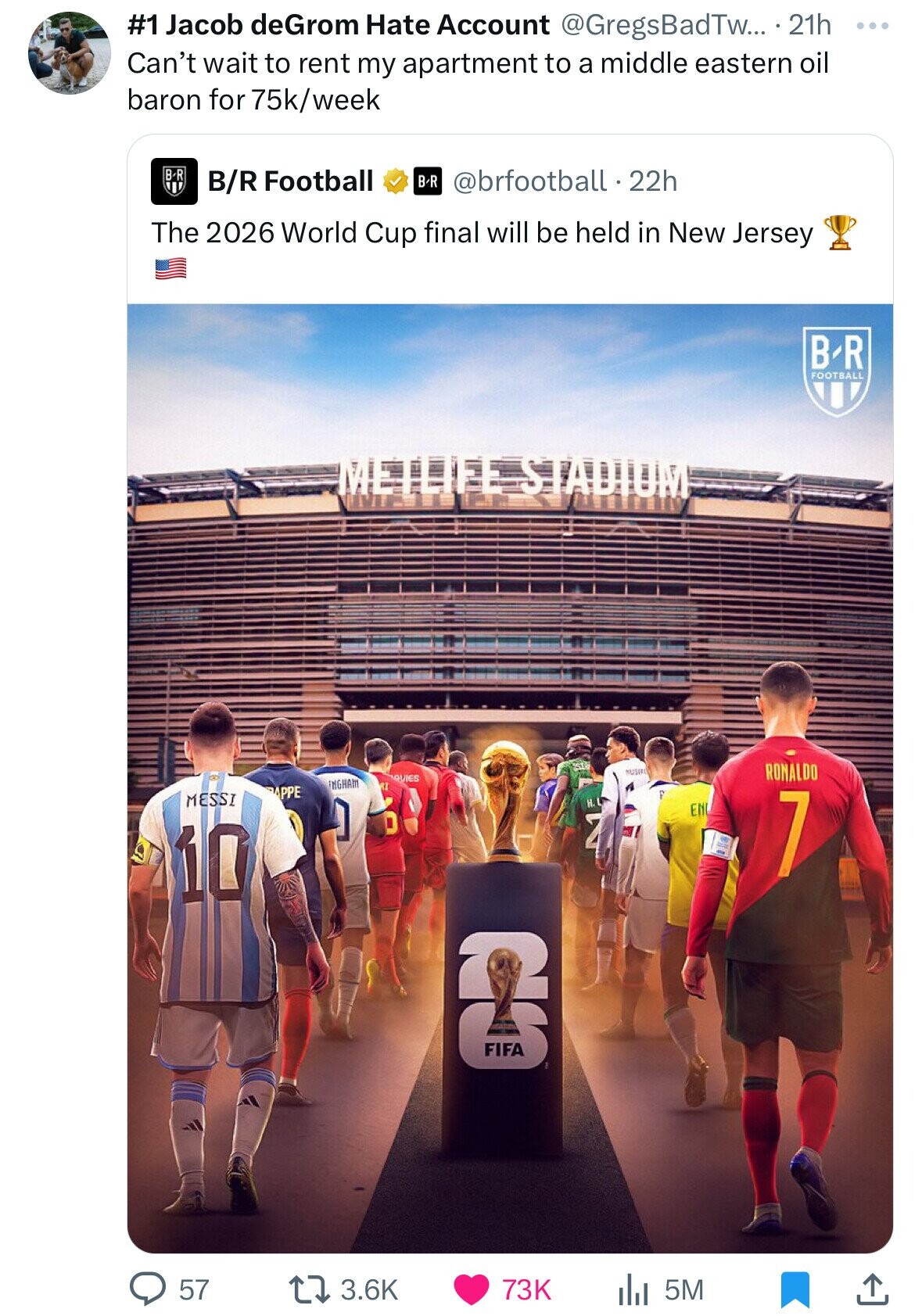 metlife stadium - Jacob deGrom Hate Account Tw.... 21h Can't wait to rent my apartment to a middle eastern oil baron for 75kweek BR Football Br . 22h The 2026 World Cup final will be held in New Jersey BR Messi 10 57 Appe Metlife Stadio Ingham Quies Fifa 