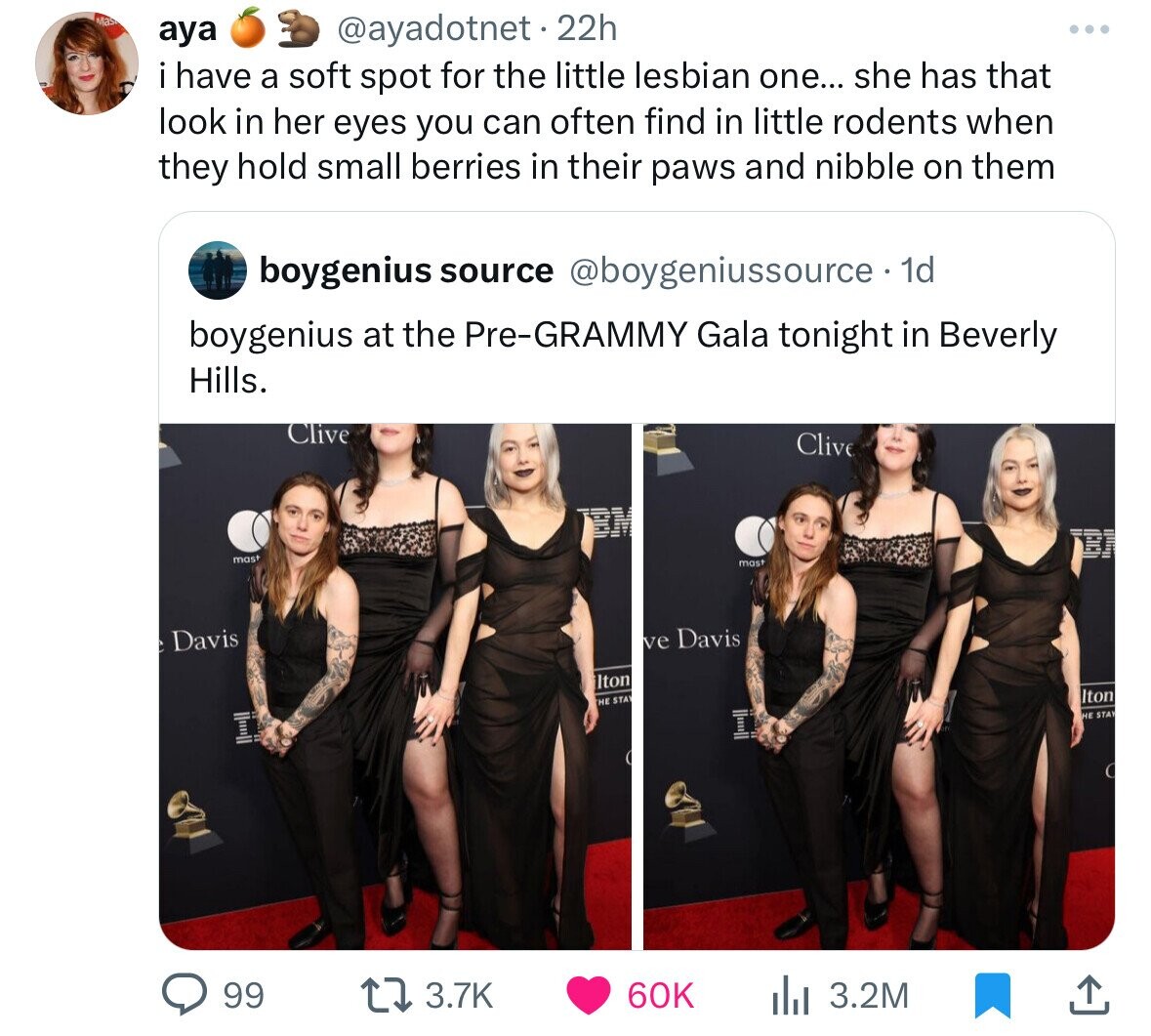 shoulder - aya 22h i have a soft spot for the little lesbian one... she has that look in her eyes you can often find in little rodents when they hold small berries in their paws and nibble on them boygenius source 1d boygenius at the PreGrammy Gala tonigh