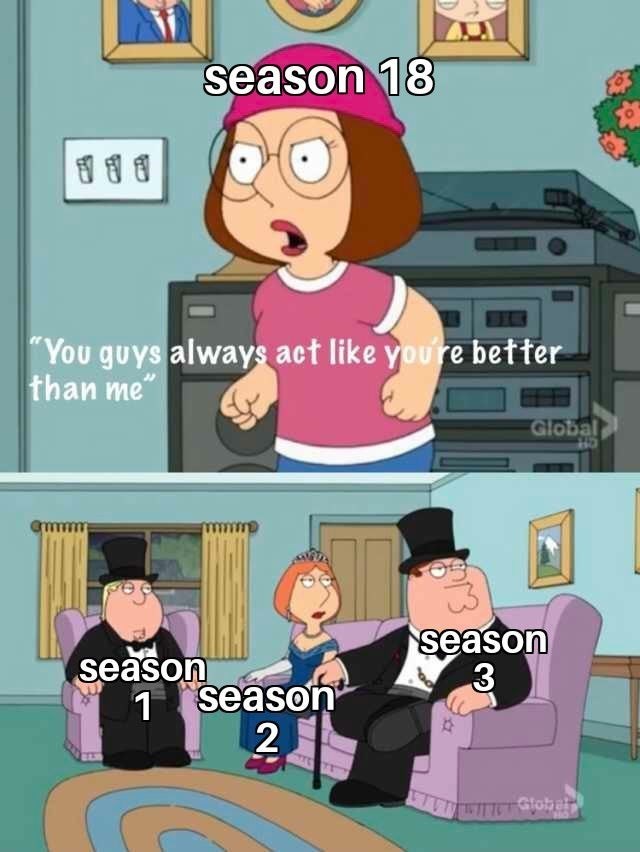 season 1 family guy meme - season 18 "You guys always act you're better than me" season 1 season 2 13 Global 115 season 3 Global