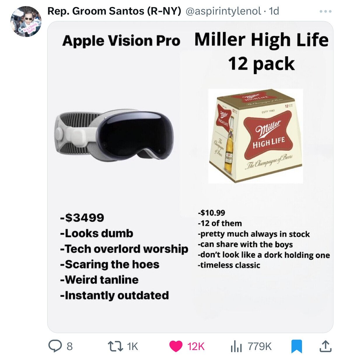 Rep. Groom Santos RNy . 1d Apple Vision Pro Miller High Life 12 pack $3499 Looks dumb Tech overlord worship Scaring the hoes Weird tanline Instantly outdated 8 Ci 1K Onder 12K High Life Th. Champagne Habuit 12 mu Highlive The thumping Esto 1903 Miller Hig
