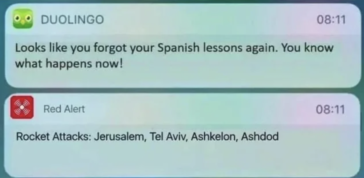 looks like you forgot your spanish lesson you know what happens now - Duolingo Looks you forgot your Spanish lessons again. You know what happens now! Red Alert Rocket Attacks Jerusalem, Tel Aviv, Ashkelon, Ashdod