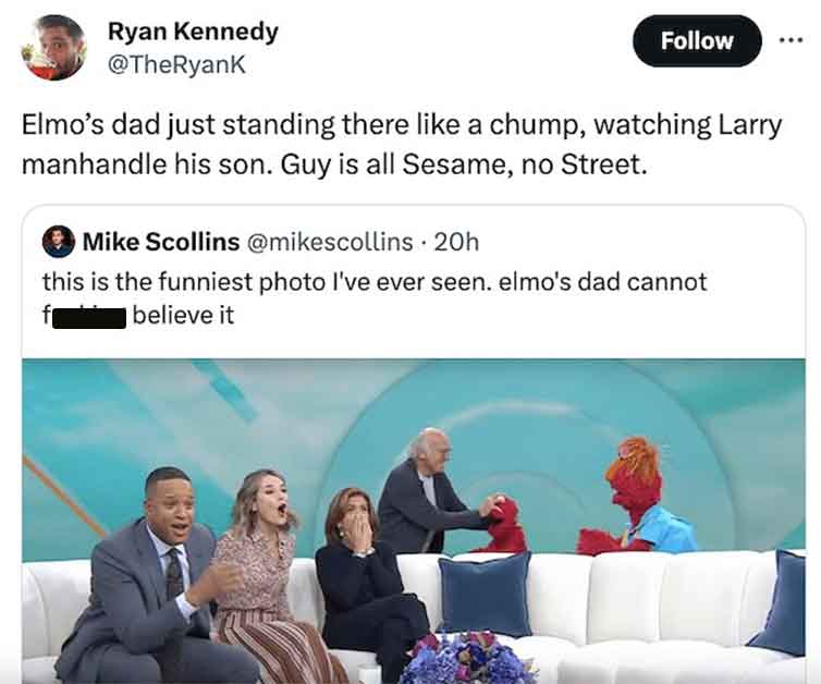 media - Ryan Kennedy Elmo's dad just standing there a chump, watching Larry manhandle his son. Guy is all Sesame, no Street. Mike Scollins 20h this is the funniest photo I've ever seen. elmo's dad cannot believe it 6