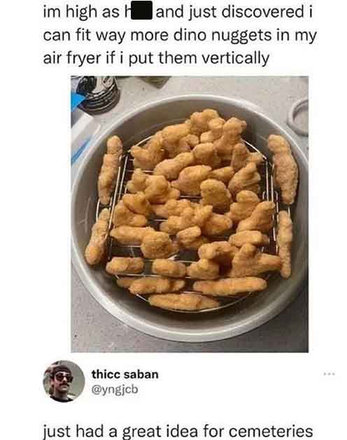 dish - im high as and just discovered i h can fit way more dino nuggets in my air fryer if i put them vertically thicc saban just had a great idea for cemeteries