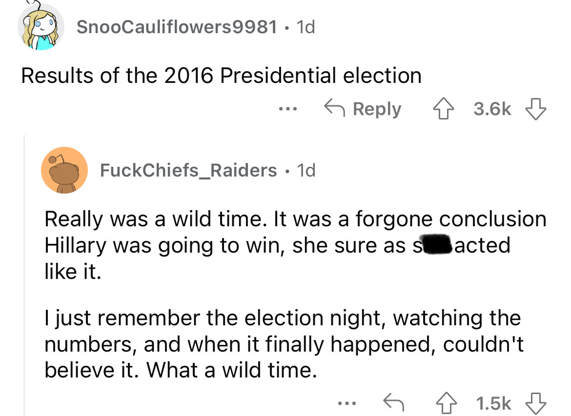 angle - SnooCauliflowers 9981 1d Results of the 2016 Presidential election ... FuckChiefs_Raiders 1d Really was a wild time. It was a forgone conclusion Hillary was going to win, she sure as sacted it. I just remember the election night, watching the numb