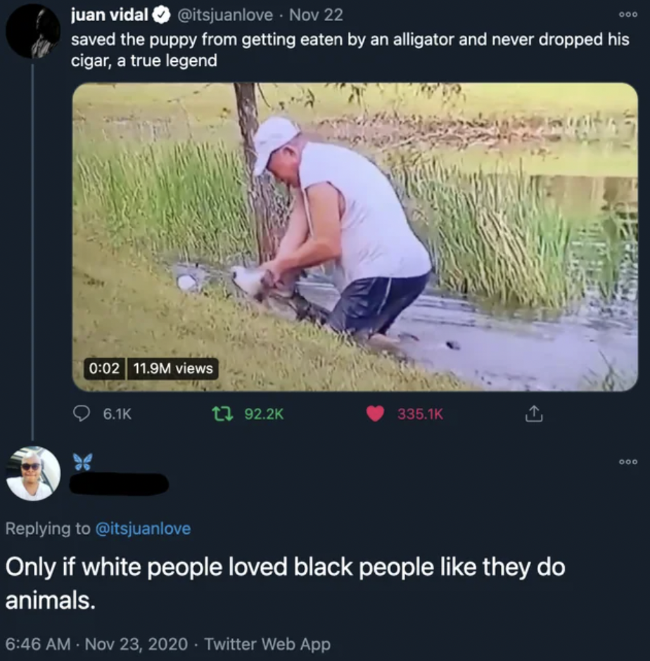 grass - juan vidal . Nov 22 saved the puppy from getting eaten by an alligator and never dropped his cigar, a true legend 11.9M views Only if white people loved black people they do animals. . Twitter Web App ove