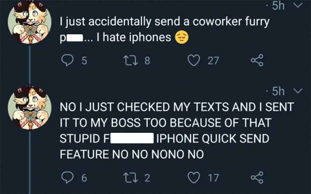 screenshot - . 5h I just accidentally send a coworker furry p... I hate iphones 5 178 27 5h No I Just Checked My Texts And I Sent It To My Boss Too Because Of That Iphone Quick Send Stupid Fi Feature No No Nono No 6 1 2 17