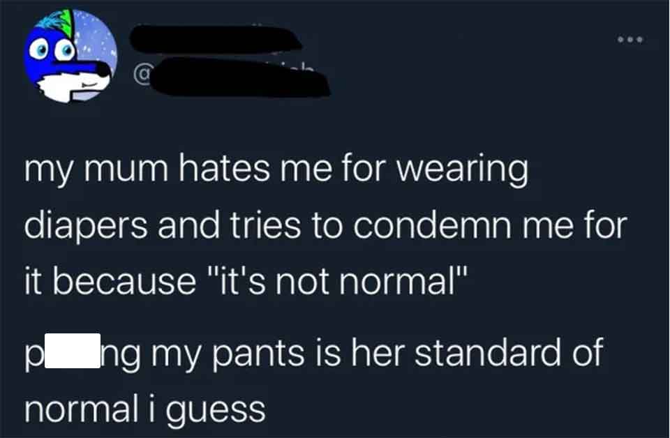 multimedia - 00 my mum hates me for wearing diapers and tries to condemn me for it because "it's not normal" png my pants is her standard of normal i guess