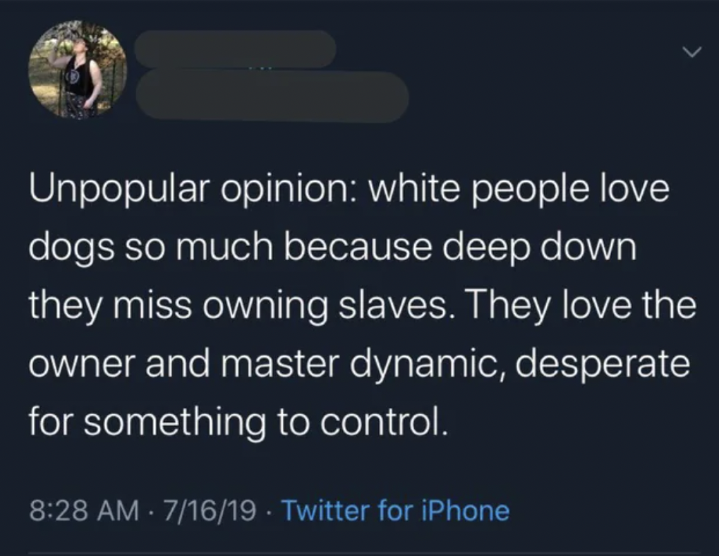 didn t have to go that hard - S Unpopular opinion white people love dogs so much because deep down they miss owning slaves. They love the owner and master dynamic, desperate for something to control. 71619 Twitter for iPhone .