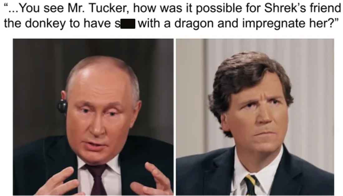 photo caption - "...You see Mr. Tucker, how was it possible for Shrek's friend the donkey to have s with a dragon and impregnate her?"