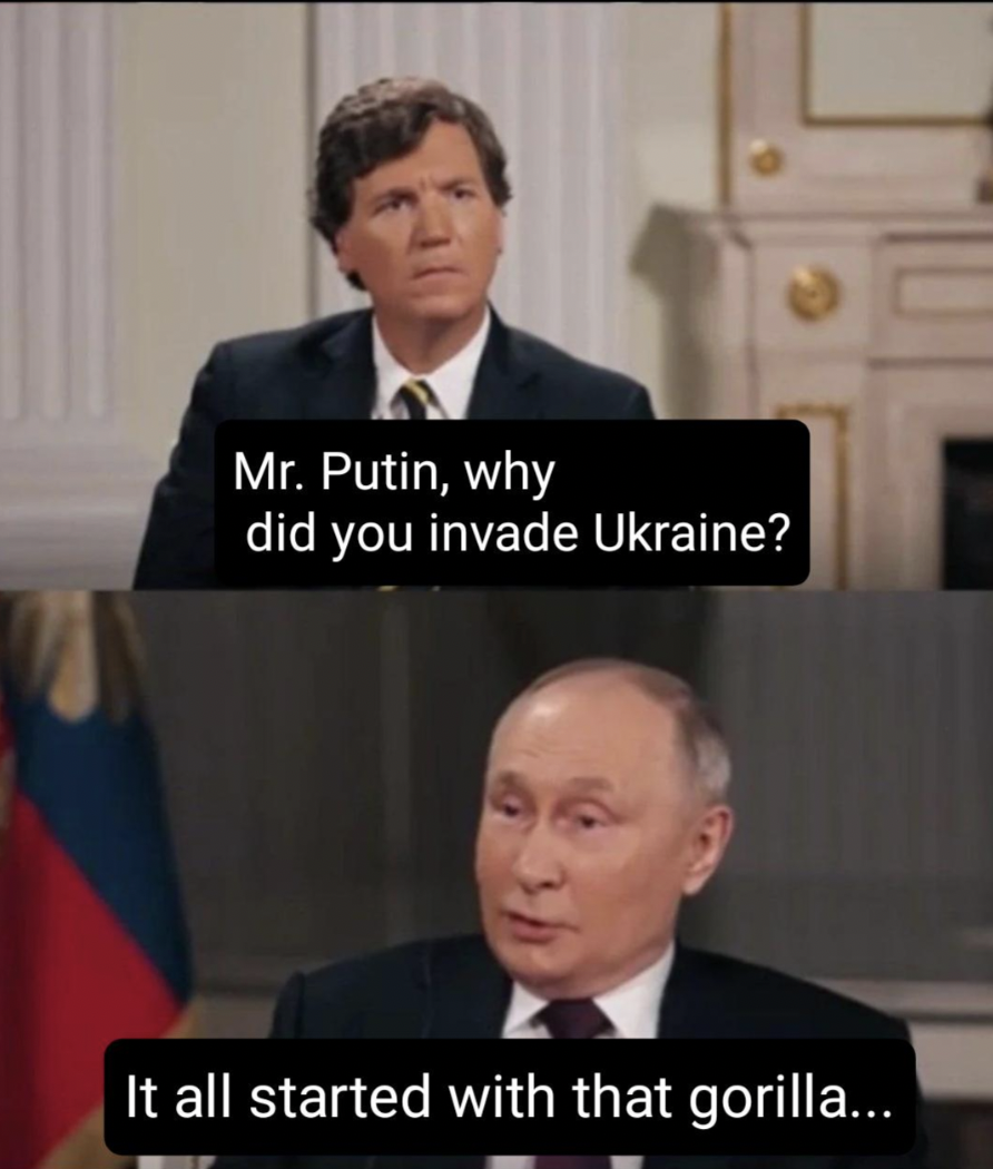 photo caption - Mr. Putin, why did you invade Ukraine? It all started with that gorilla...