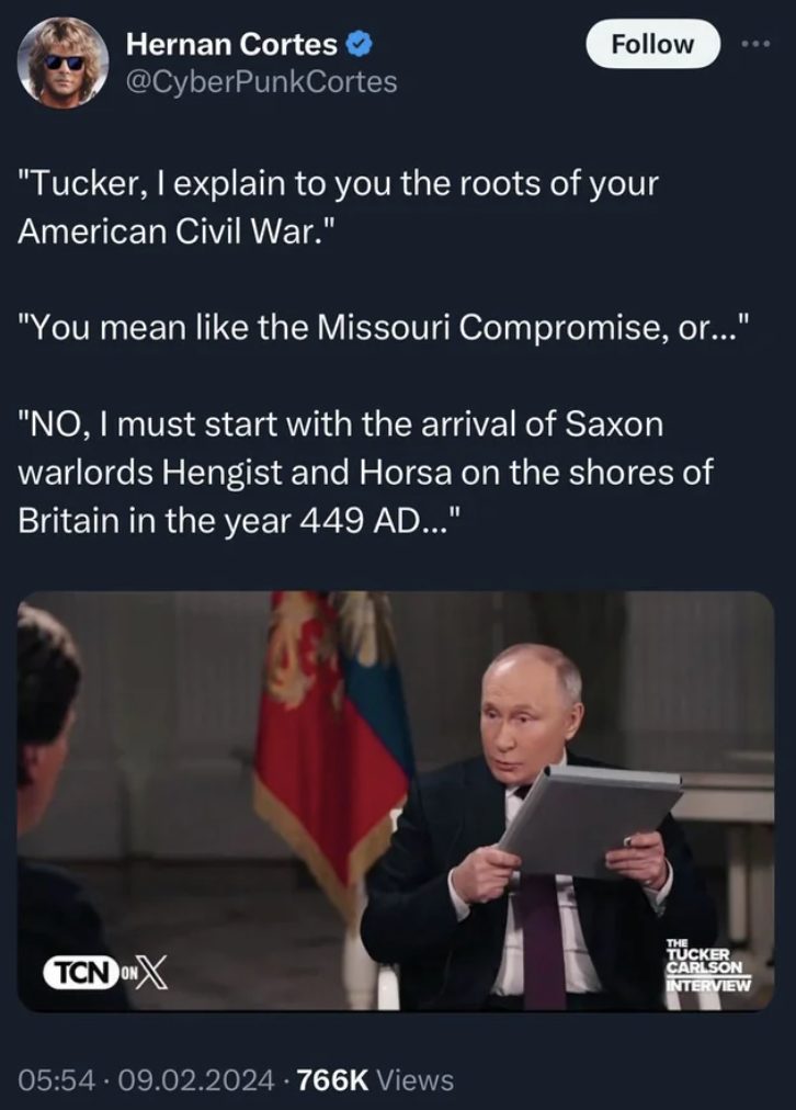 presentation - Hernan Cortes "Tucker, I explain to you the roots of your American Civil War." "You mean the Missouri Compromise, or..." "No, I must start with the arrival of Saxon warlords Hengist and Horsa on the shores of Britain in the year 449 Ad..." 