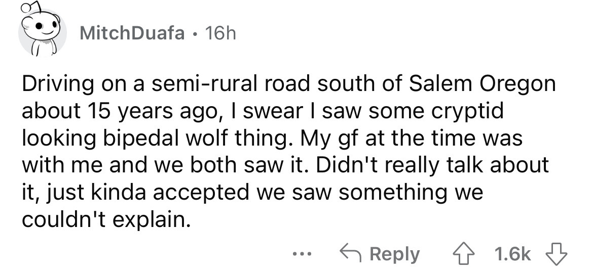 angle - MitchDuafa 16h Driving on a semirural road south of Salem Oregon about 15 years ago, I swear I saw some cryptid looking bipedal wolf thing. My gf at the time was with me and we both saw it. Didn't really talk about it, just kinda accepted we saw s