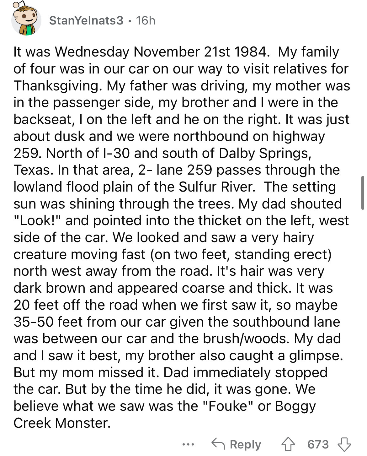 document - StanYelnats3 It was Wednesday November 21st 1984. My family of four was in our car on our way to visit relatives for Thanksgiving. My father was driving, my mother was in the passenger side, my brother and I were in the backseat, I on the left 