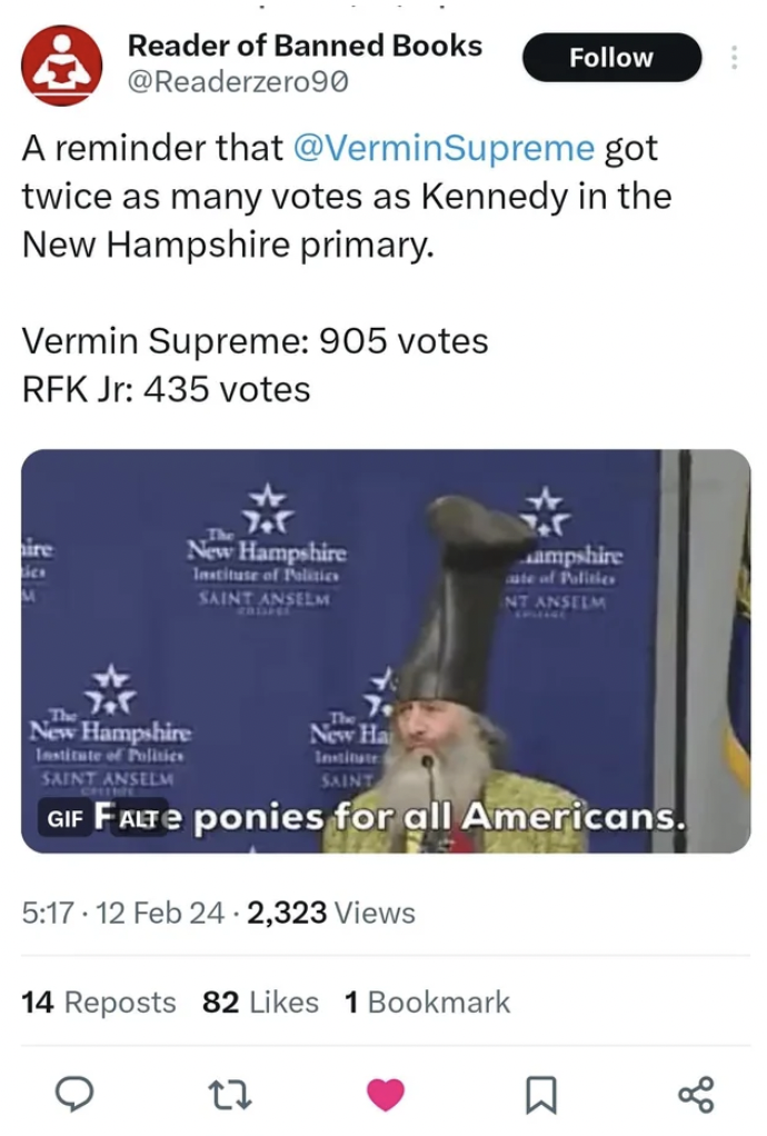 paper - Reader of Banned Books A reminder that got twice as many votes as Kennedy in the New Hampshire primary. Vermin Supreme 905 votes Rfk Jr 435 votes New Hampshire Institute of Politic Saint Anselm New Hampshire Institute of Poli The New Hai Tenien Sa