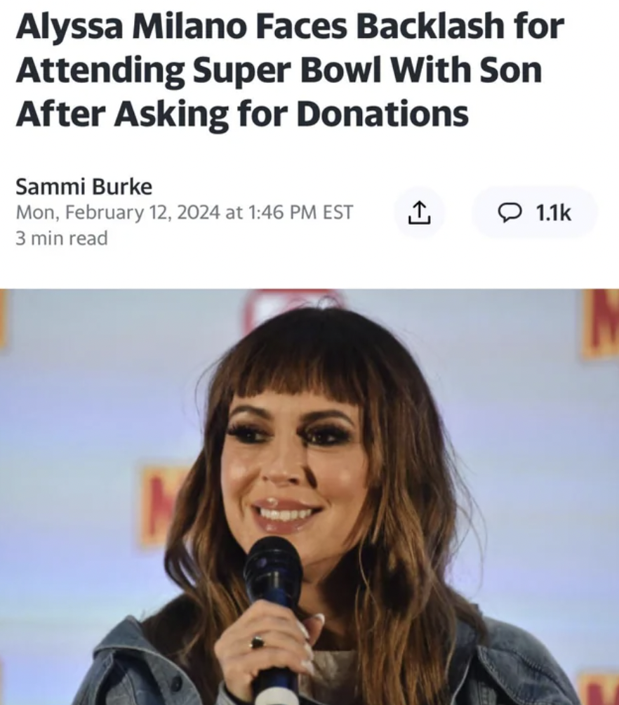 photo caption - Alyssa Milano Faces Backlash for Attending Super Bowl With Son After Asking for Donations Sammi Burke Mon, at Est 3 min read