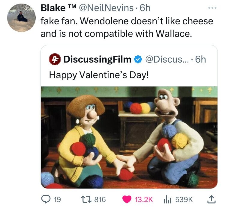wallace and wendolene - Blake Tm . 6h fake fan. Wendolene doesn't cheese and is not compatible with Wallace. DiscussingFilm .... 6h Happy Valentine's Day! 19 1816