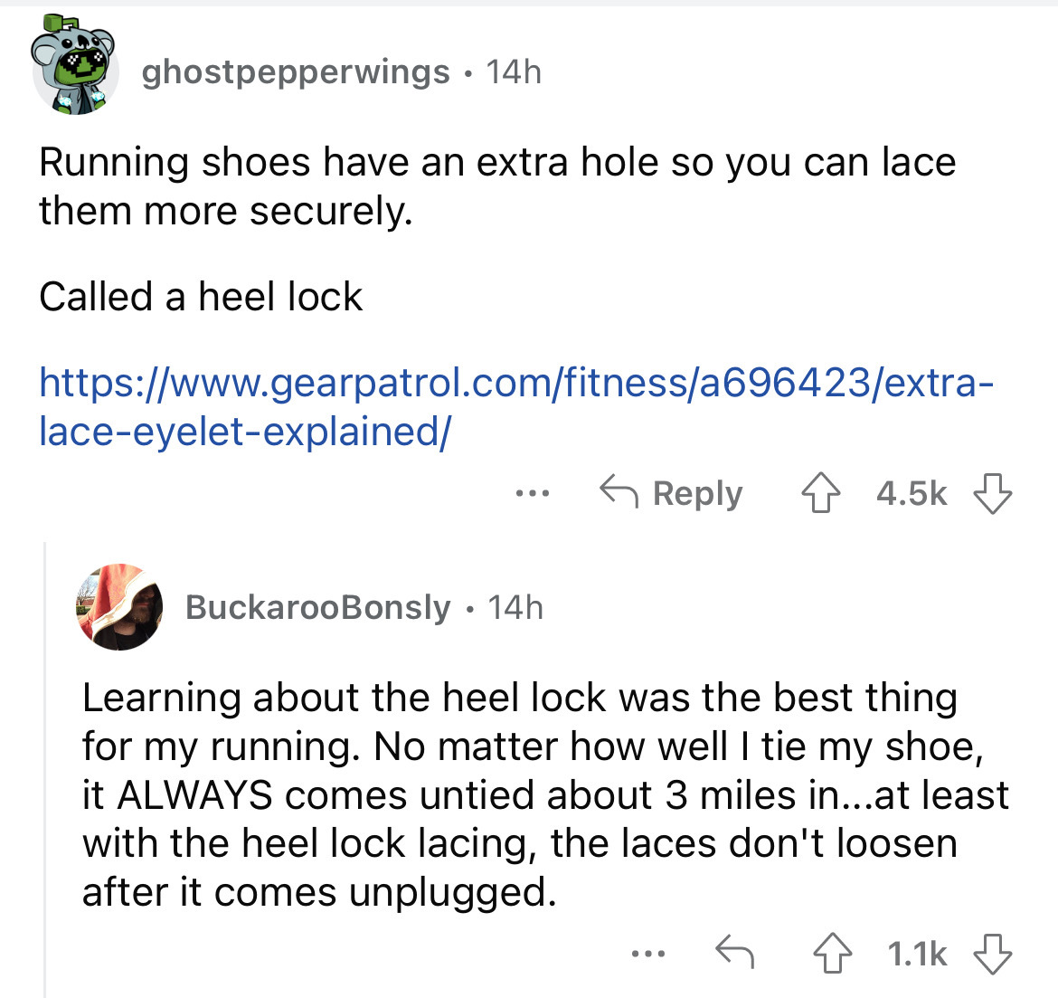 angle - ghostpepperwings 14h Running shoes have an extra hole so you can lace them more securely. Called a heel lock laceeyeletexplained ... BuckarooBonsly . 14h Learning about the heel lock was the best thing for my running. No matter how well I tie my s