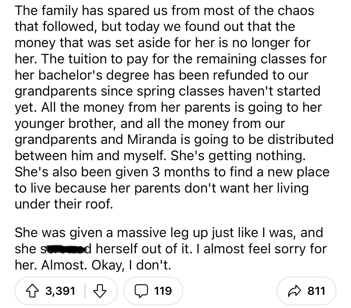 angle - The family has spared us from most of the chaos that ed, but today we found out that the money that was set aside for her is no longer for her. The tuition to pay for the remaining classes for her bachelor's degree has been refunded to our grandpa