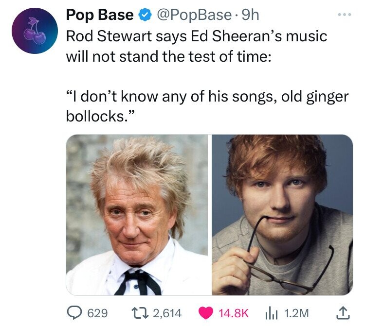 head - Pop Base 9h Rod Stewart says Ed Sheeran's music will not stand the test of time "I don't know any of his songs, old ginger bollocks." 629 ... 2,614 1.2M