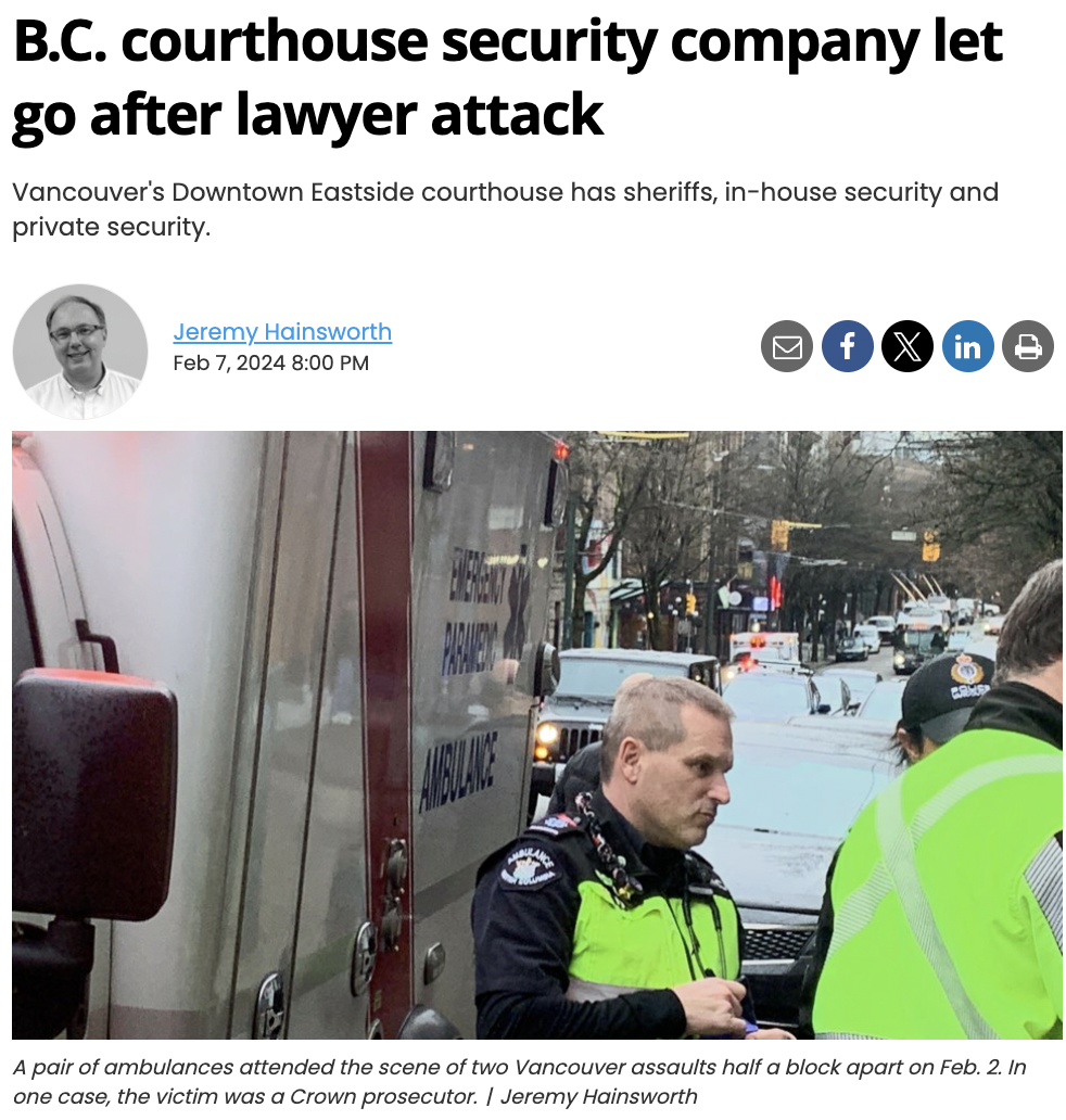 cinema devoto - B.C. courthouse security company let go after lawyer attack Vancouver's Downtown Eastside courthouse has sheriffs, inhouse security and private security. Jeremy Hainsworth Parsney Mellane in e A pair of ambulances attended the scene of two