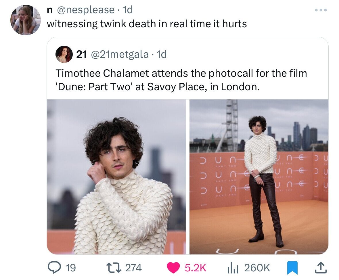 fur - n 1d witnessing twink death in real time it hurts 21 1d Timothee Chalamet attends the photocall for the film 'Dune Part Two' at Savoy Place, in London. 19 274 Dun Part Two Dun Dune il Une Du Une Du Une Du