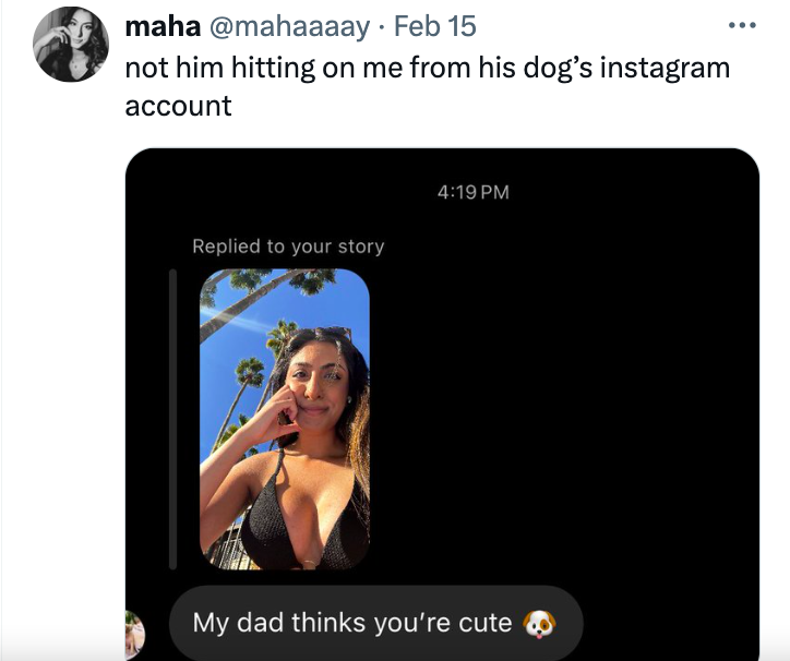 media - maha . Feb 15 not him hitting on me from his dog's instagram account Replied to your story My dad thinks you're cute