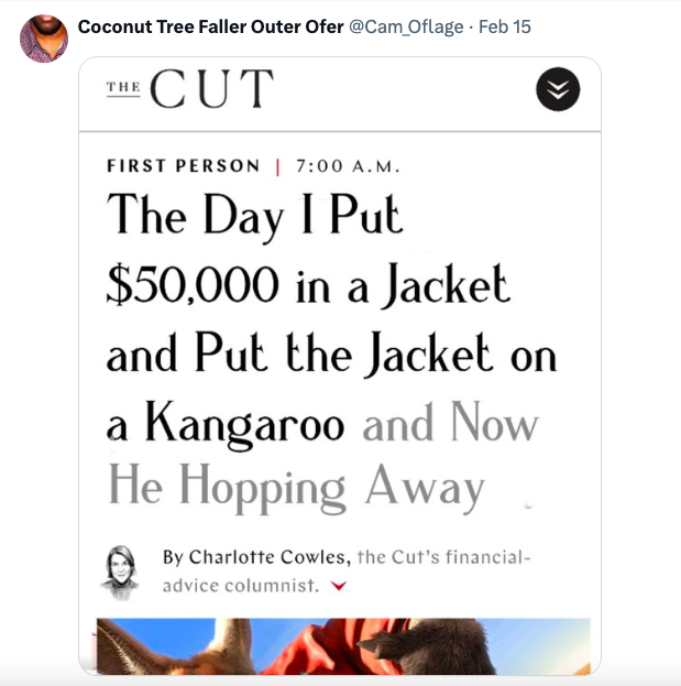 angle - Coconut Tree Faller Outer Ofer Feb 15 The Cut . First Person | A.M. The Day I Put $50,000 in a Jacket and Put the Jacket on a Kangaroo and Now He Hopping Away By Charlotte Cowles, the Cut's financial advice columnist. V