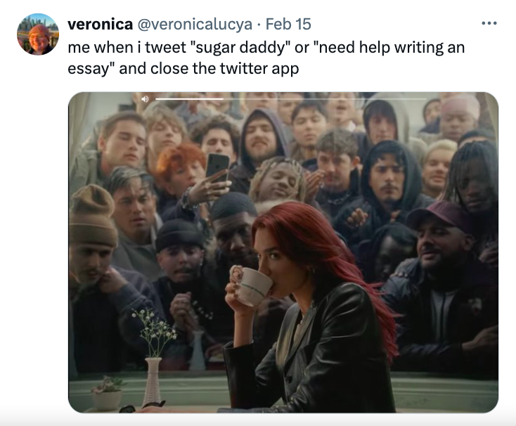 presentation - veronica Feb 15 me when i tweet "sugar daddy" or "need help writing an essay" and close the twitter app