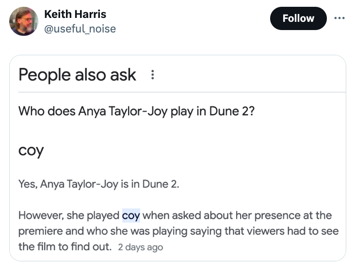 paper - Keith Harris People also ask Who does Anya TaylorJoy play in Dune 2? coy Yes, Anya TaylorJoy is in Dune 2. However, she played coy when asked about her presence at the premiere and who she was playing saying that viewers had to see the film to fin