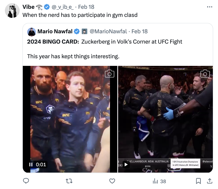 photo caption - Vibe . Feb 18 When the nerd has to participate in gym clasd Mario Nawfal Bingo Card Zuckerberg in Volk's Corner at Ufc Fight This year has kept things interesting. Ufc cryp 11 Ufc 22 33 Volkan "The Real Ellharbour Nsw. Australia 102 A Se 3