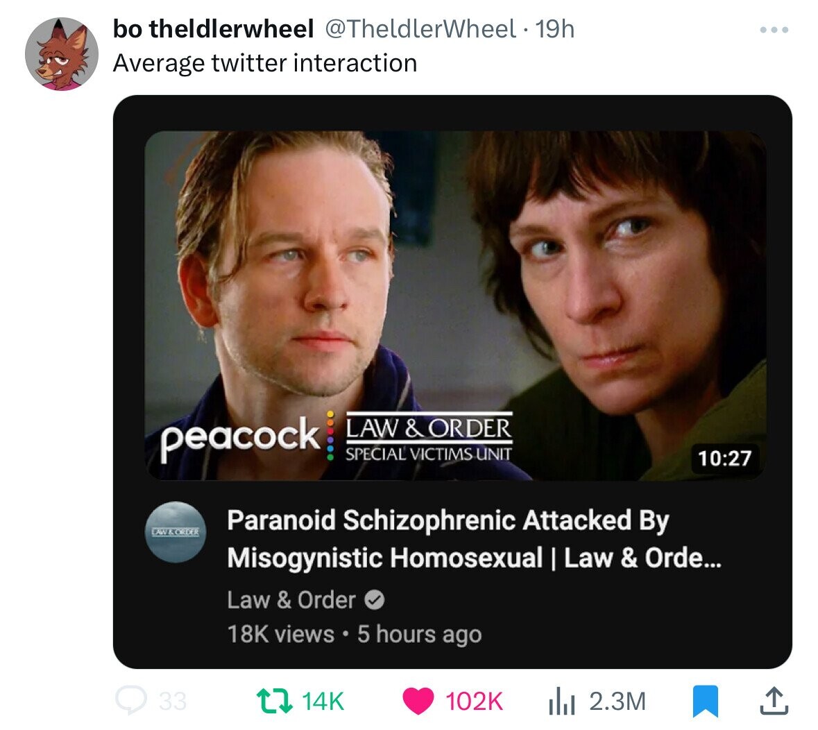 photo caption - . bo theldlerwheel 19h Average twitter interaction peacock Law & Order Special Victims Unit Law & Order 33 Paranoid Schizophrenic Attacked By Misogynistic Homosexual | Law & Orde... Law & Order 18K views 5 hours ago 14K il 2.3M