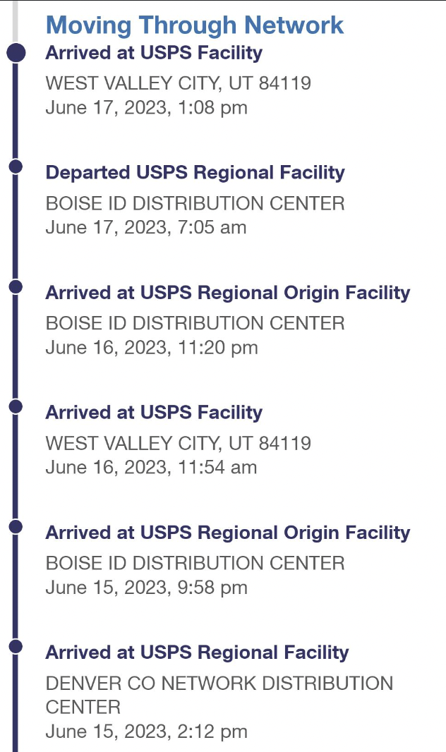 paper - Moving Through Network Arrived at Usps Facility West Valley City, Ut , Departed Usps Regional Facility Boise Id Distribution Center , Arrived at Usps Regional Origin Facility Boise Id Distribution Center , Arrived at Usps Facility West Valley City