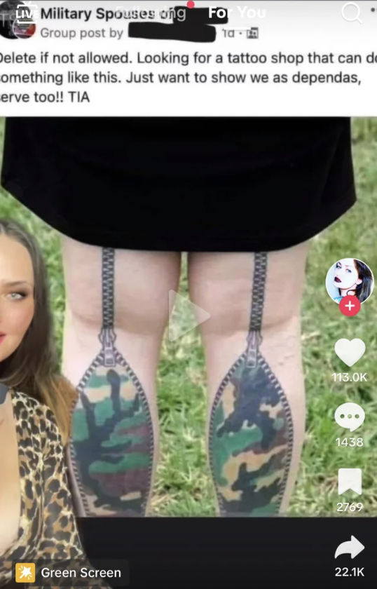 thigh - Military Spouses ong For You Group post by Delete if not allowed. Looking for a tattoo shop that can de omething this. Just want to show we as dependas, erve too!! Tia Green Screen 1438