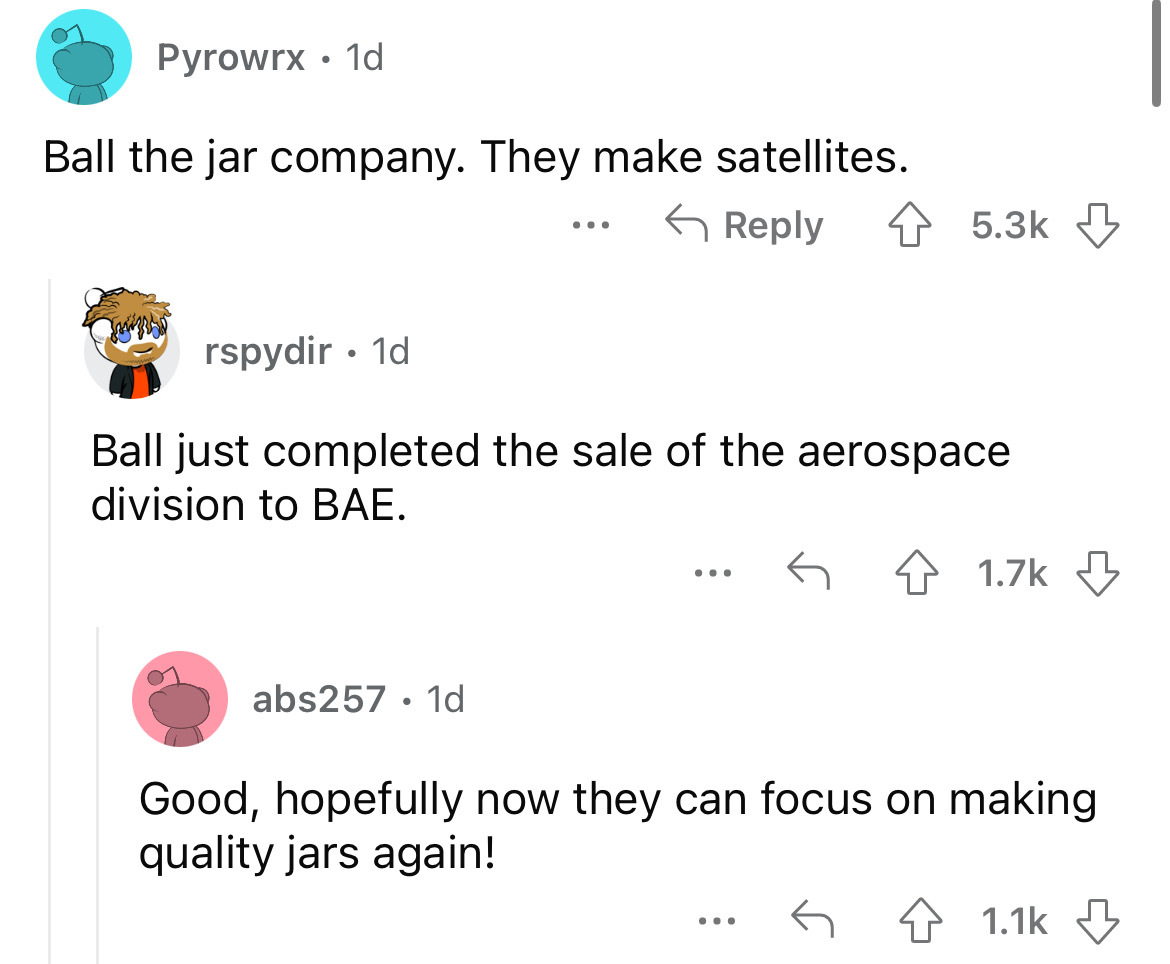 angle - Pyrowrx 1d Ball the jar company. They make satellites. abs257 1d ... rspydir. 1d Ball just completed the sale of the aerospace division to Bae. ... Good, hopefully now they can focus on making quality jars again!