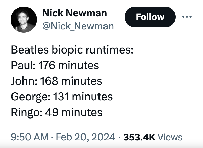 angle - Nick Newman Newman Beatles biopic runtimes Paul 176 minutes John 168 minutes George 131 minutes Ringo 49 minutes Views