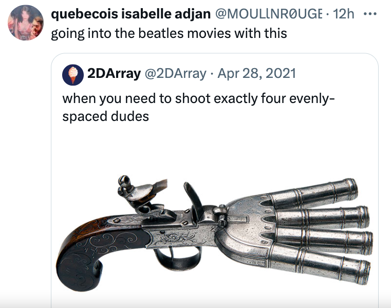 anti weezer gun - quebecois isabelle adjan . 12h going into the beatles movies with this 2DArray when you need to shoot exactly four evenly spaced dudes ...