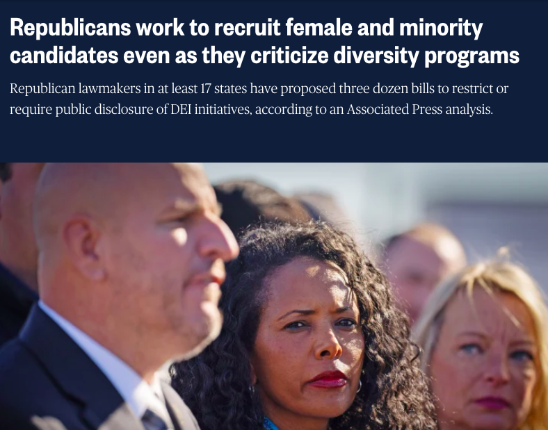 presentation - Republicans work to recruit female and minority candidates even as they criticize diversity programs Republican lawmakers in at least 17 states have proposed three dozen bills to restrict or require public disclosure of Dei initiatives, acc