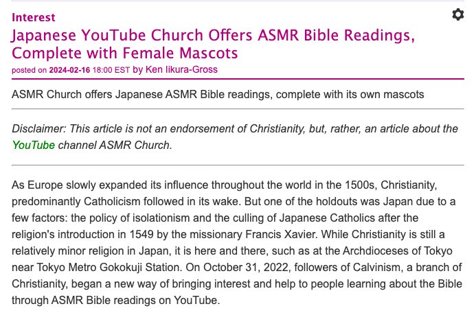document - Interest Japanese YouTube Church Offers Asmr Bible Readings, Complete with Female Mascots posted on Est by Ken likuraGross Asmr Church offers Japanese Asmr Bible readings, complete with its own mascots Disclaimer This article is not an endorsem