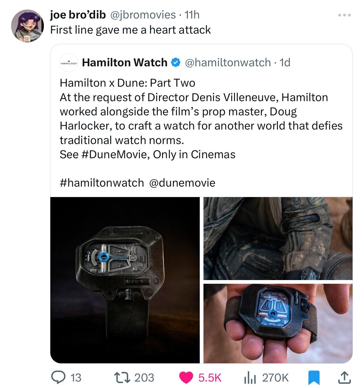 electronics - joe bro'dib . 11h First line gave me a heart attack Hamilton Watch Hamilton x Dune Part Two At the request of Director Denis Villeneuve, Hamilton worked alongside the film's prop master, Doug Harlocker, to craft a watch for another world tha