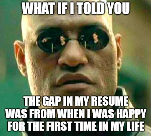 photo caption - What If I Told You The Gap In My Resume Was From When I Was Happy For The First Time In My Life