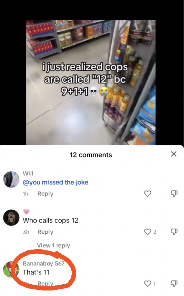 screenshot - i just realized cops are called "12" bc 911 Will missed the joke 1h 12 Who calls cops 12 3h View 1 Bananaboy 567 That's 11 3 B B