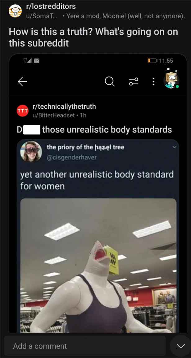 screenshot - rlostredditors uSomaT.... Yere a mod, Moonie! well, not anymore. How is this a truth? What's going on on this subreddit Ttt D rtechnicallythetruth uBitterHeadset 1h those unrealistic body standards the priory of the haz tree yet another unrea