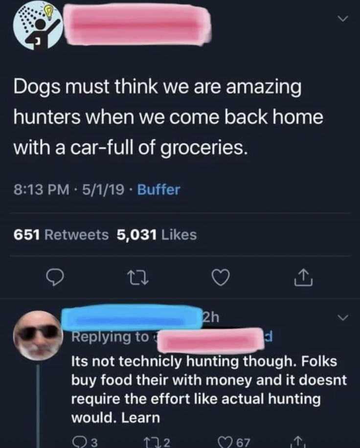 screenshot - Dogs must think we are amazing hunters when we come back home with a carfull of groceries. 5119 Buffer 651 5,031 2h Its not technicly hunting though. Folks buy food their with money and it doesnt require the effort actual hunting would. Learn