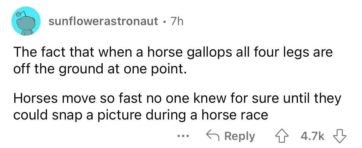 number - sunflowerastronaut . 7h The fact that when a horse gallops all four legs are off the ground at one point. Horses move so fast no one knew for sure until they could snap a picture during a horse race 4 ...