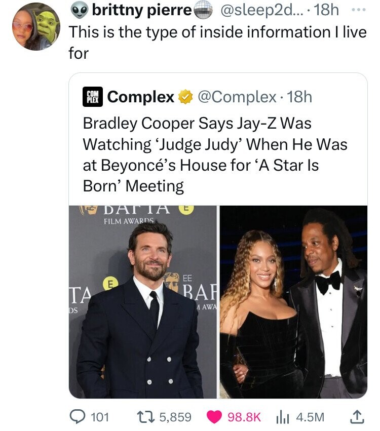gentleman - brittny pierre ... 18h This is the type of inside information I live for Com Complex 18h Bradley Cooper Says JayZ Was Watching 'Judge Judy' When He Was at Beyonc's House for 'A Star Is Born' Meeting Datia E Film Awards Ds Lul E Ee A Awa 101 t 